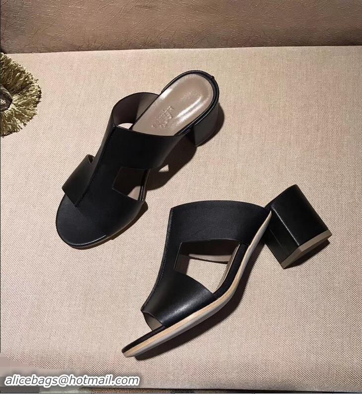 Famous Brand Hermes Heel 5cm Ostia Sandals H94207 Black 2019