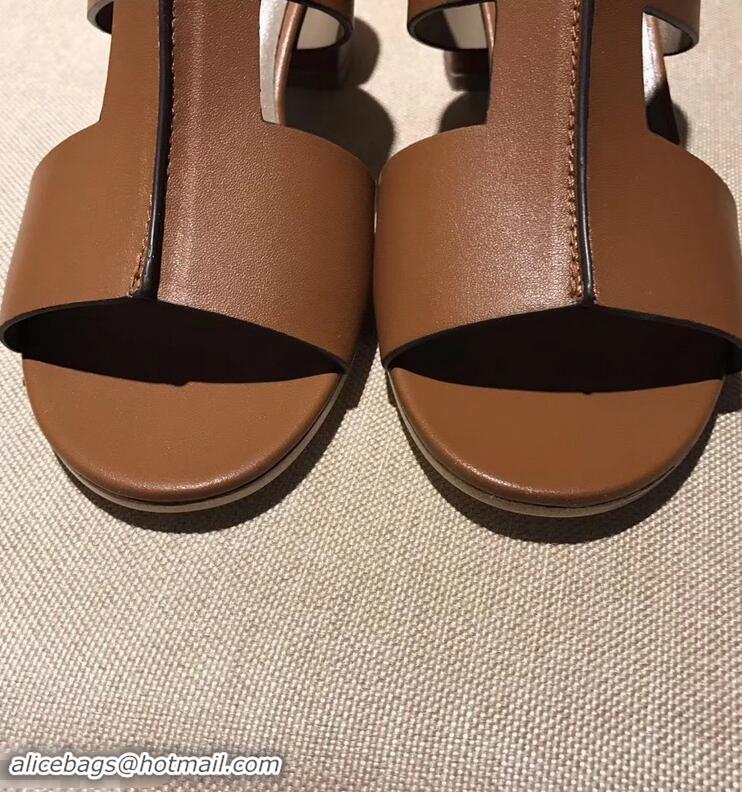 Newest Hermes Heel 5cm Ostia Sandals H94207 Brown 2019