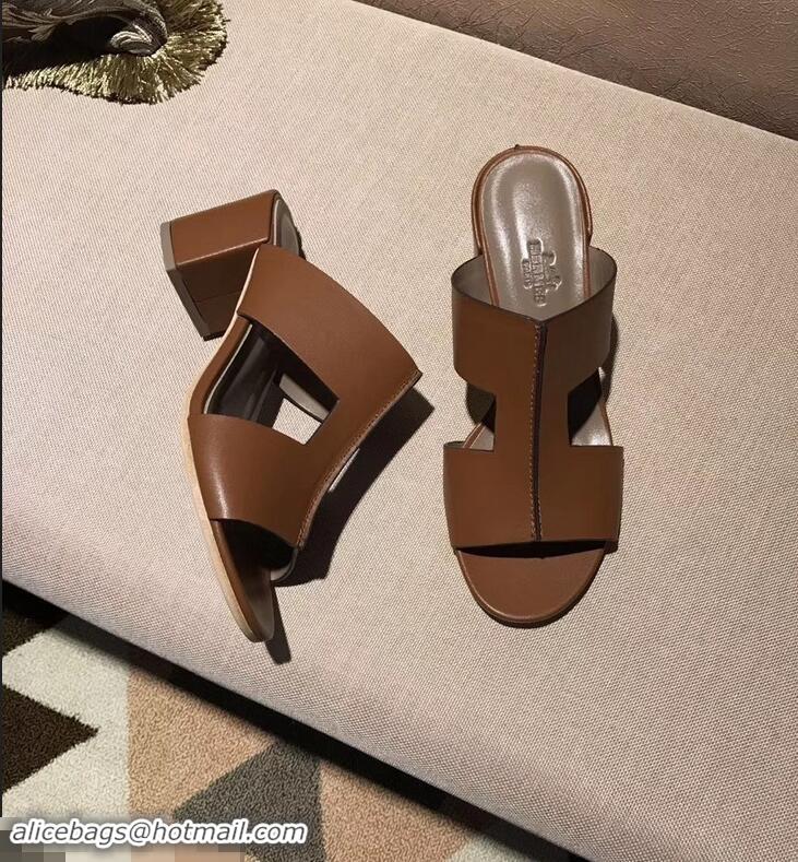 Newest Hermes Heel 5cm Ostia Sandals H94207 Brown 2019