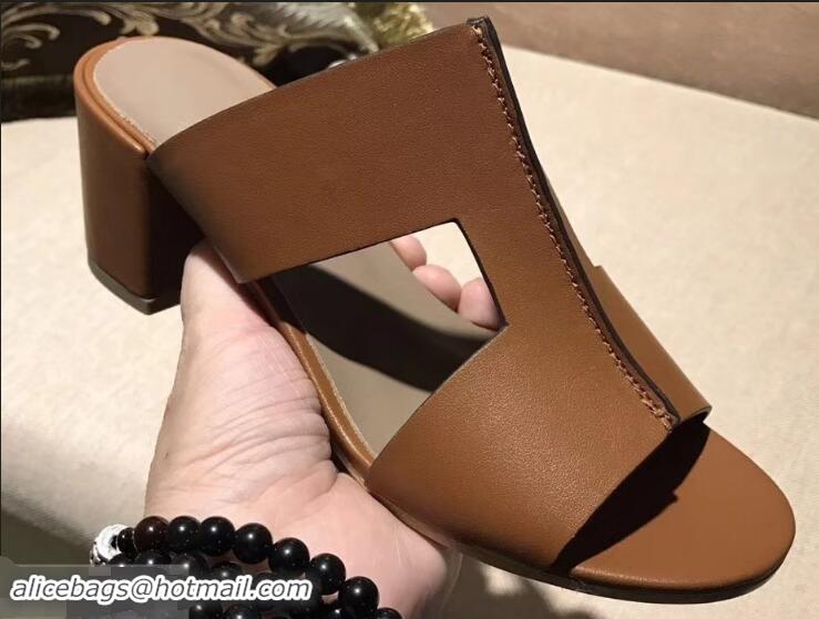 Newest Hermes Heel 5cm Ostia Sandals H94207 Brown 2019