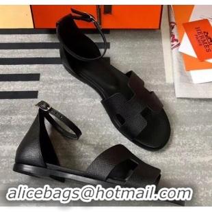 Free Shipping Hermes Santorini Sandals in Epsom Calfskin H95107 Black