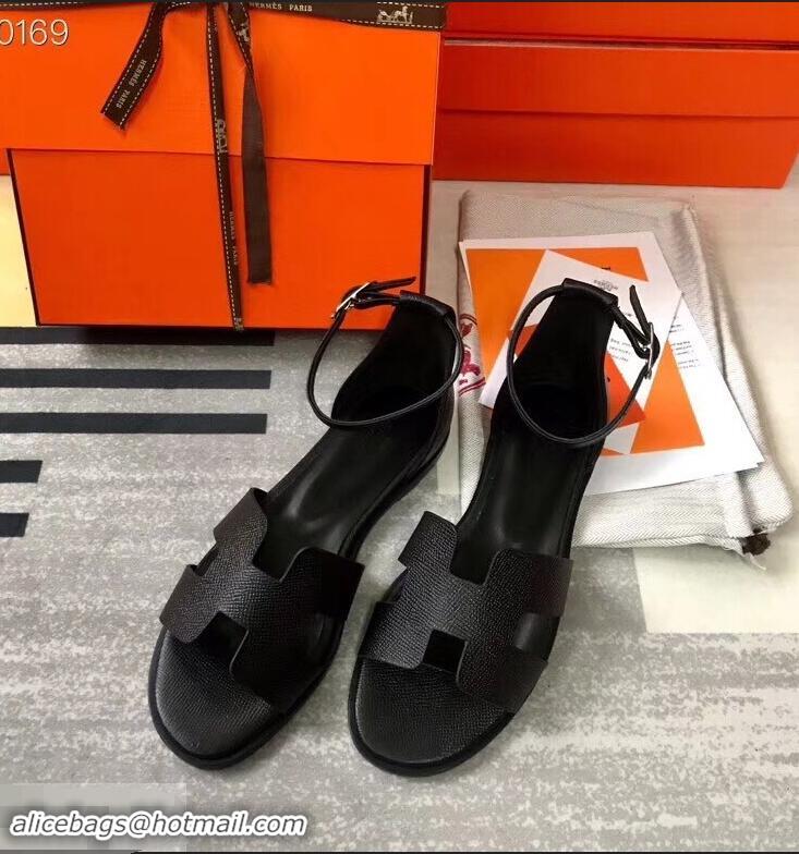 Free Shipping Hermes Santorini Sandals in Epsom Calfskin H95107 Black