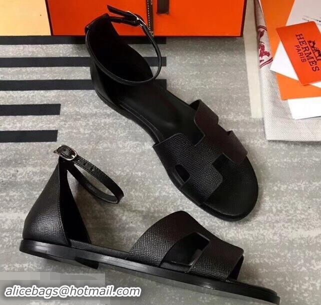 Free Shipping Hermes Santorini Sandals in Epsom Calfskin H95107 Black