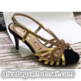 Fashion Ladies Gucci Heel 8.5cm Cut-out Bow with Crystals Sandals Velvet C96320 Black/Gold 2019