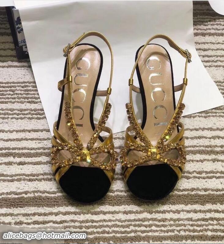 Fashion Ladies Gucci Heel 8.5cm Cut-out Bow with Crystals Sandals Velvet C96320 Black/Gold 2019