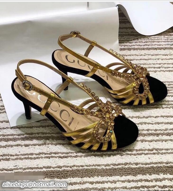 Fashion Ladies Gucci Heel 8.5cm Cut-out Bow with Crystals Sandals Velvet C96320 Black/Gold 2019