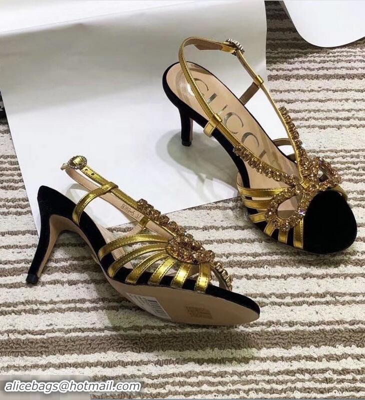 Fashion Ladies Gucci Heel 8.5cm Cut-out Bow with Crystals Sandals Velvet C96320 Black/Gold 2019