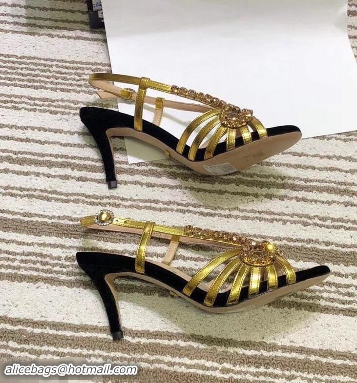 Fashion Ladies Gucci Heel 8.5cm Cut-out Bow with Crystals Sandals Velvet C96320 Black/Gold 2019