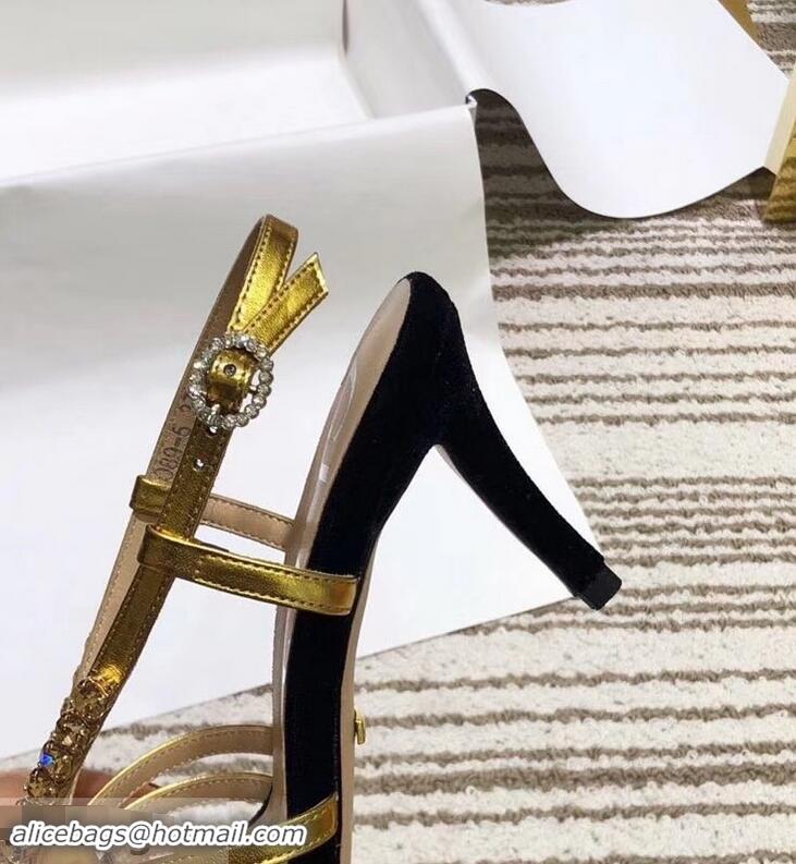 Fashion Ladies Gucci Heel 8.5cm Cut-out Bow with Crystals Sandals Velvet C96320 Black/Gold 2019