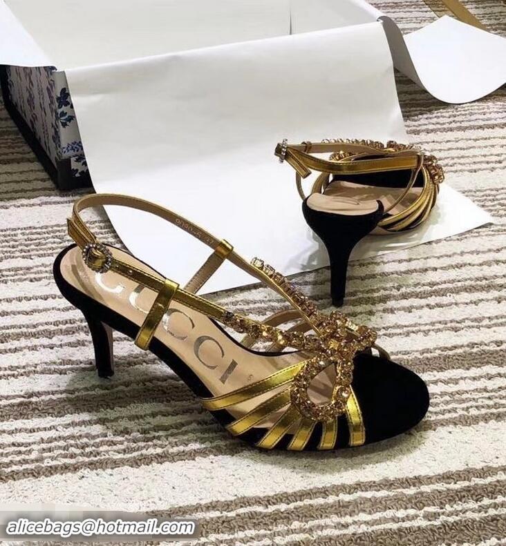 Fashion Ladies Gucci Heel 8.5cm Cut-out Bow with Crystals Sandals Velvet C96320 Black/Gold 2019