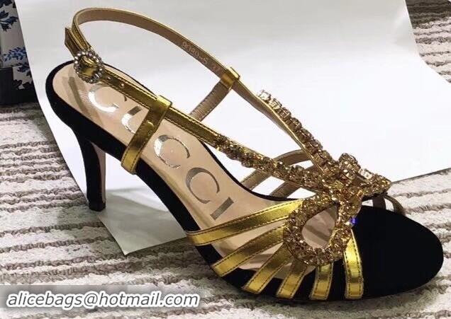 Fashion Ladies Gucci Heel 8.5cm Cut-out Bow with Crystals Sandals Velvet C96320 Black/Gold 2019