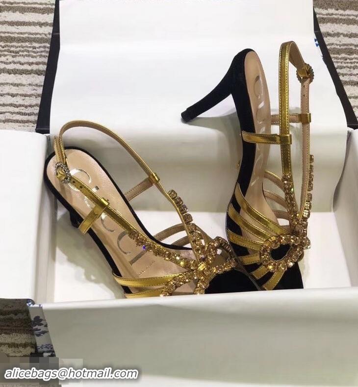 Fashion Ladies Gucci Heel 8.5cm Cut-out Bow with Crystals Sandals Velvet C96320 Black/Gold 2019