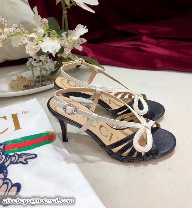 Wholesale Gucci Heel 8.5cm Cut-out Bow Leather Sandals C96321 Black/White 2019