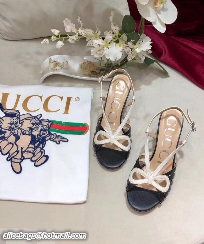 Wholesale Gucci Heel 8.5cm Cut-out Bow Leather Sandals C96321 Black/White 2019