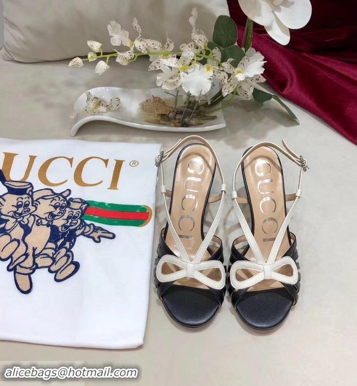 Wholesale Gucci Heel 8.5cm Cut-out Bow Leather Sandals C96321 Black/White 2019