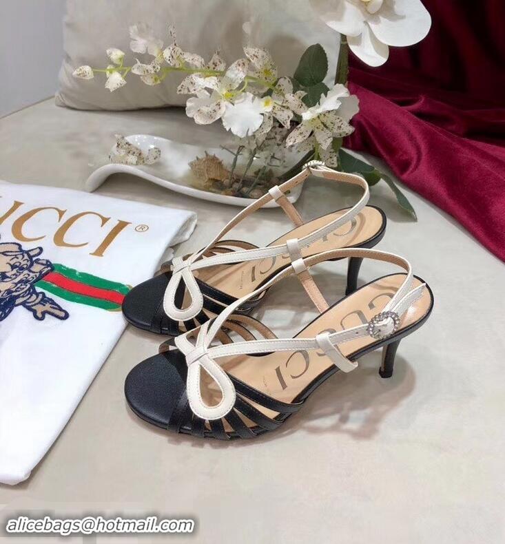 Wholesale Gucci Heel 8.5cm Cut-out Bow Leather Sandals C96321 Black/White 2019