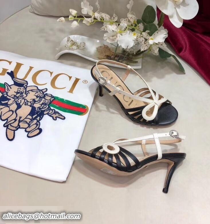 Wholesale Gucci Heel 8.5cm Cut-out Bow Leather Sandals C96321 Black/White 2019