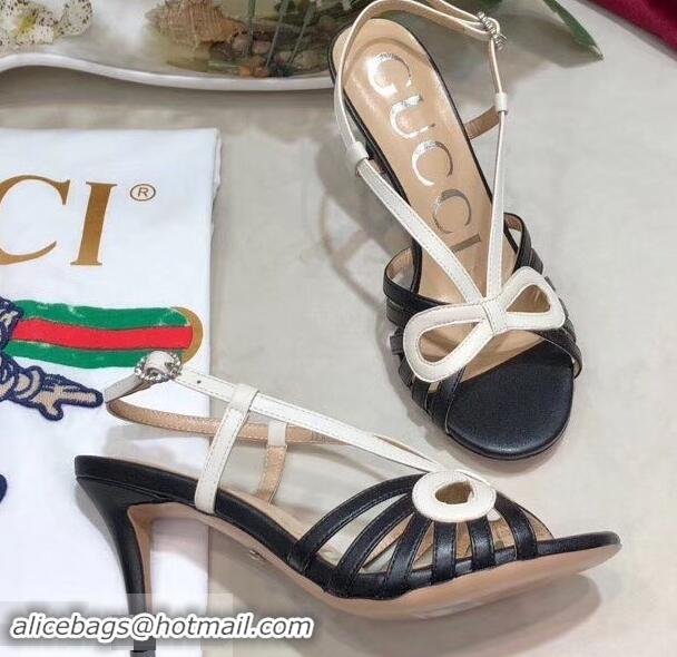 Wholesale Gucci Heel 8.5cm Cut-out Bow Leather Sandals C96321 Black/White 2019