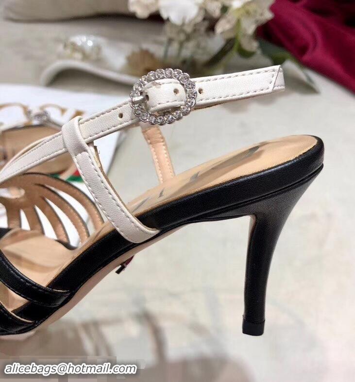 Wholesale Gucci Heel 8.5cm Cut-out Bow Leather Sandals C96321 Black/White 2019