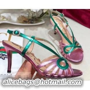 Imitation Gucci Heel 8.5cm Cut-out Bow Leather Sandals C96322 Pink/Green 2019