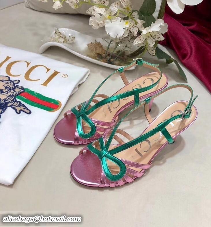 Imitation Gucci Heel 8.5cm Cut-out Bow Leather Sandals C96322 Pink/Green 2019