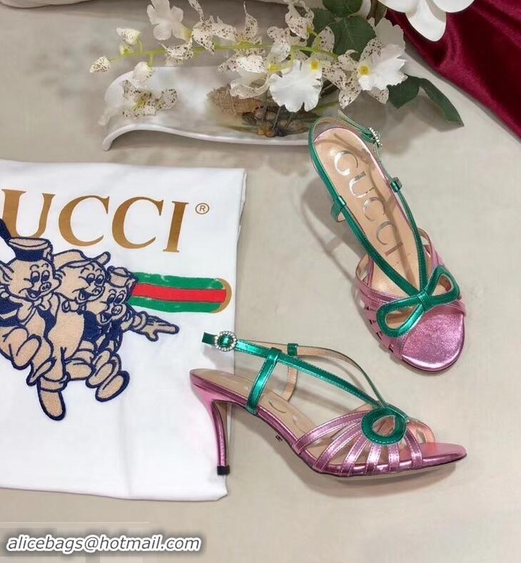 Imitation Gucci Heel 8.5cm Cut-out Bow Leather Sandals C96322 Pink/Green 2019