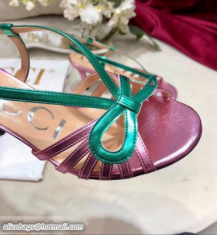 Imitation Gucci Heel 8.5cm Cut-out Bow Leather Sandals C96322 Pink/Green 2019