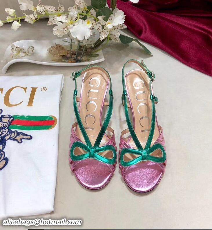 Imitation Gucci Heel 8.5cm Cut-out Bow Leather Sandals C96322 Pink/Green 2019