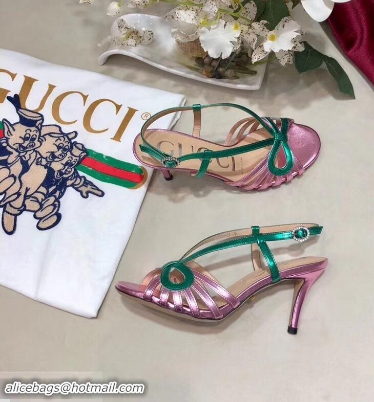 Imitation Gucci Heel 8.5cm Cut-out Bow Leather Sandals C96322 Pink/Green 2019