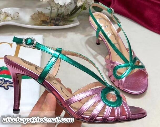 Imitation Gucci Heel 8.5cm Cut-out Bow Leather Sandals C96322 Pink/Green 2019