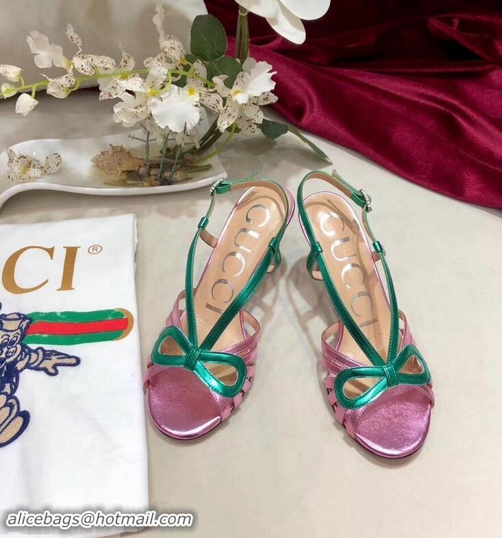 Imitation Gucci Heel 8.5cm Cut-out Bow Leather Sandals C96322 Pink/Green 2019