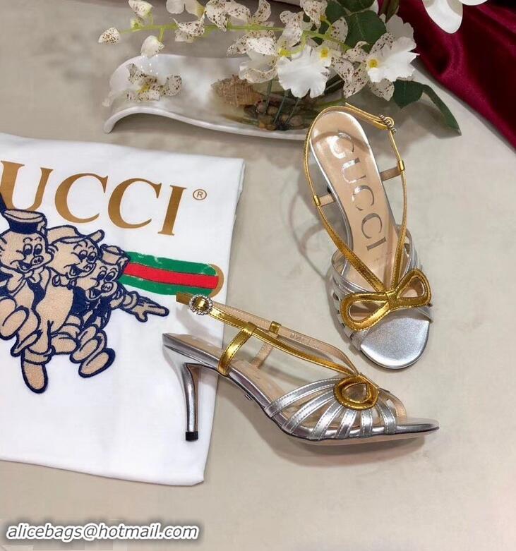 Top Quality Gucci Heel 8.5cm Cut-out Bow Leather Sandals C96322 Silver/Gold 2019