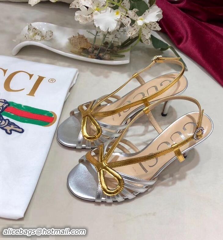 Top Quality Gucci Heel 8.5cm Cut-out Bow Leather Sandals C96322 Silver/Gold 2019