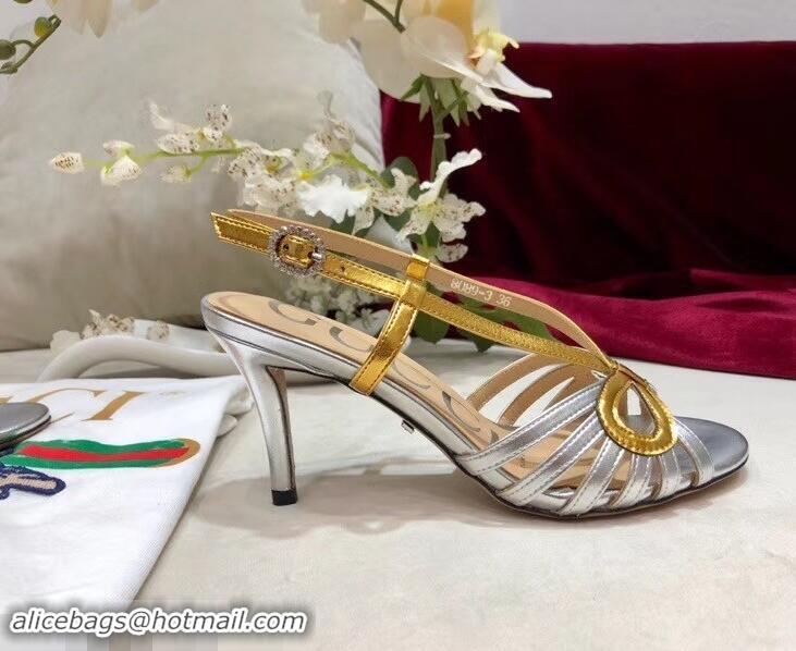 Top Quality Gucci Heel 8.5cm Cut-out Bow Leather Sandals C96322 Silver/Gold 2019