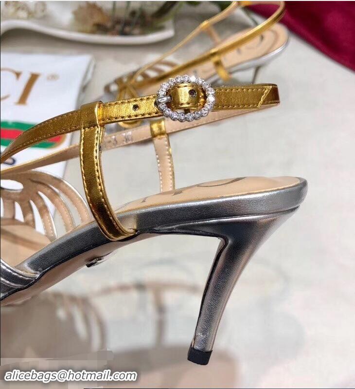 Top Quality Gucci Heel 8.5cm Cut-out Bow Leather Sandals C96322 Silver/Gold 2019