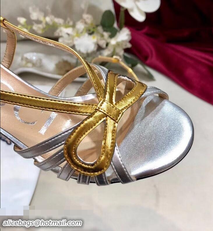 Top Quality Gucci Heel 8.5cm Cut-out Bow Leather Sandals C96322 Silver/Gold 2019