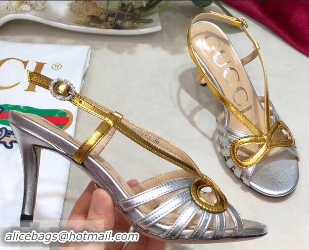 Top Quality Gucci Heel 8.5cm Cut-out Bow Leather Sandals C96322 Silver/Gold 2019