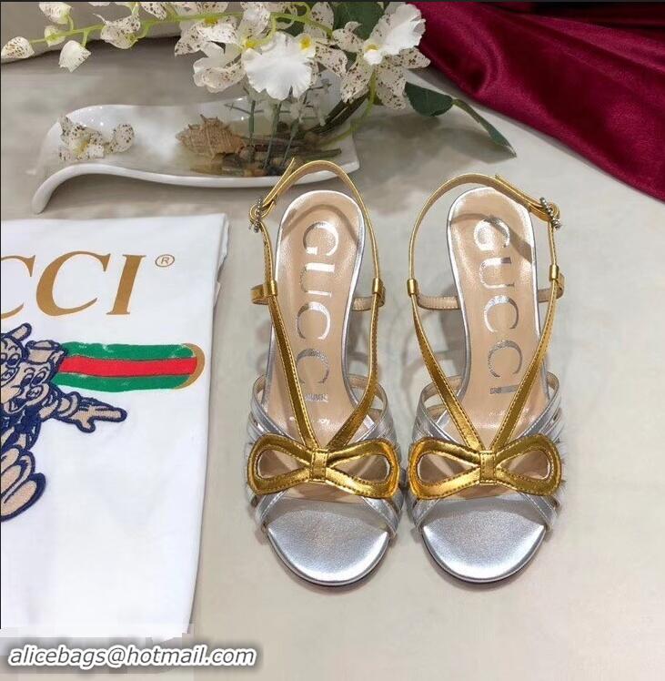 Top Quality Gucci Heel 8.5cm Cut-out Bow Leather Sandals C96322 Silver/Gold 2019