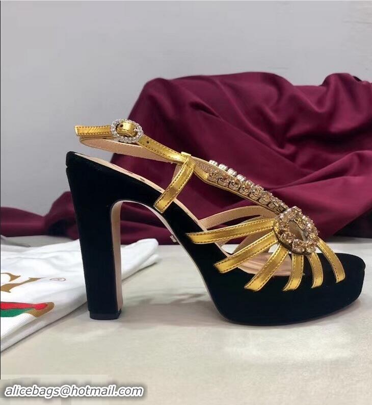 Spot Gucci Heel 10.5cm Platform 2.5cm Cut-out Bow with Crystals Sandals 549638 Velvet Black/Gold 2019