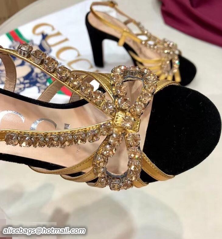 Spot Gucci Heel 10.5cm Platform 2.5cm Cut-out Bow with Crystals Sandals 549638 Velvet Black/Gold 2019