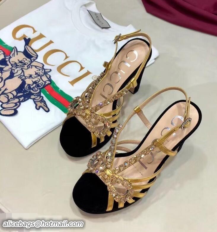 Spot Gucci Heel 10.5cm Platform 2.5cm Cut-out Bow with Crystals Sandals 549638 Velvet Black/Gold 2019