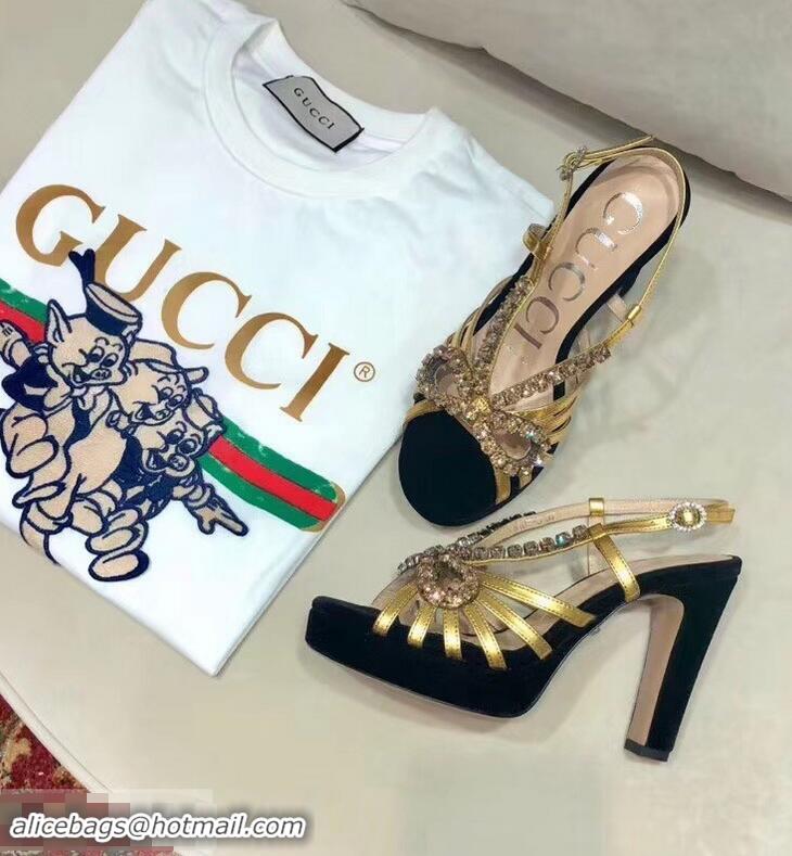 Spot Gucci Heel 10.5cm Platform 2.5cm Cut-out Bow with Crystals Sandals 549638 Velvet Black/Gold 2019