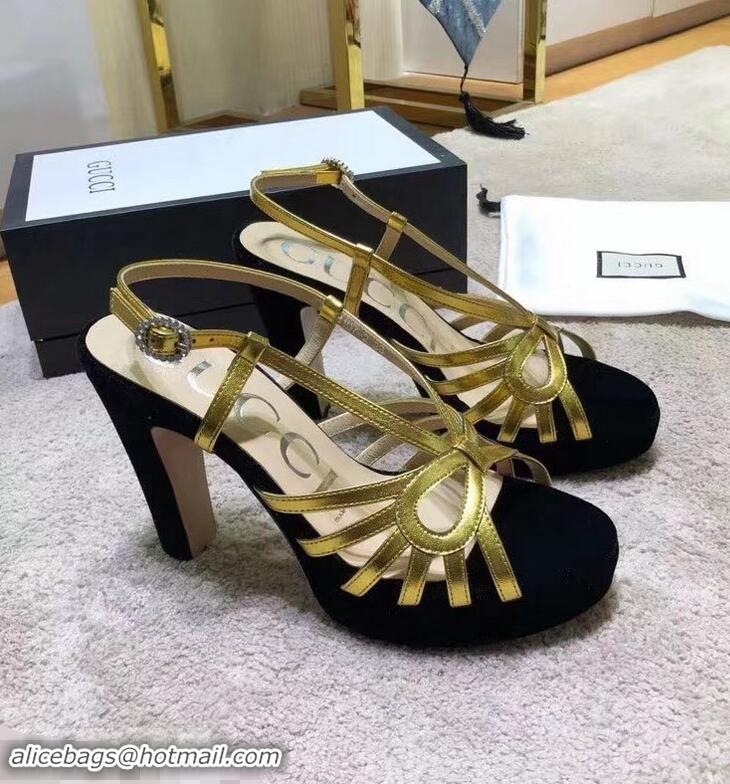 Cheap Gucci Heel 10.5cm Platform 2.5cm Cut-out Bow Leather Sandals 549646 Velvet Black/Gold 2019