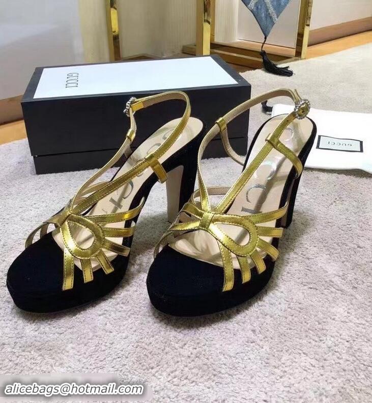 Cheap Gucci Heel 10.5cm Platform 2.5cm Cut-out Bow Leather Sandals 549646 Velvet Black/Gold 2019