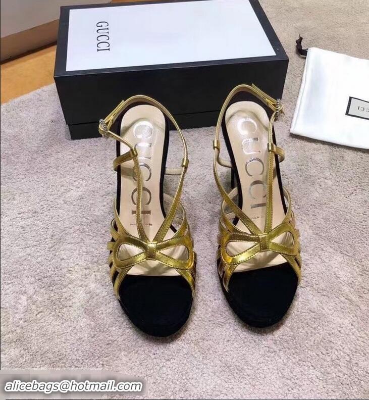 Cheap Gucci Heel 10.5cm Platform 2.5cm Cut-out Bow Leather Sandals 549646 Velvet Black/Gold 2019