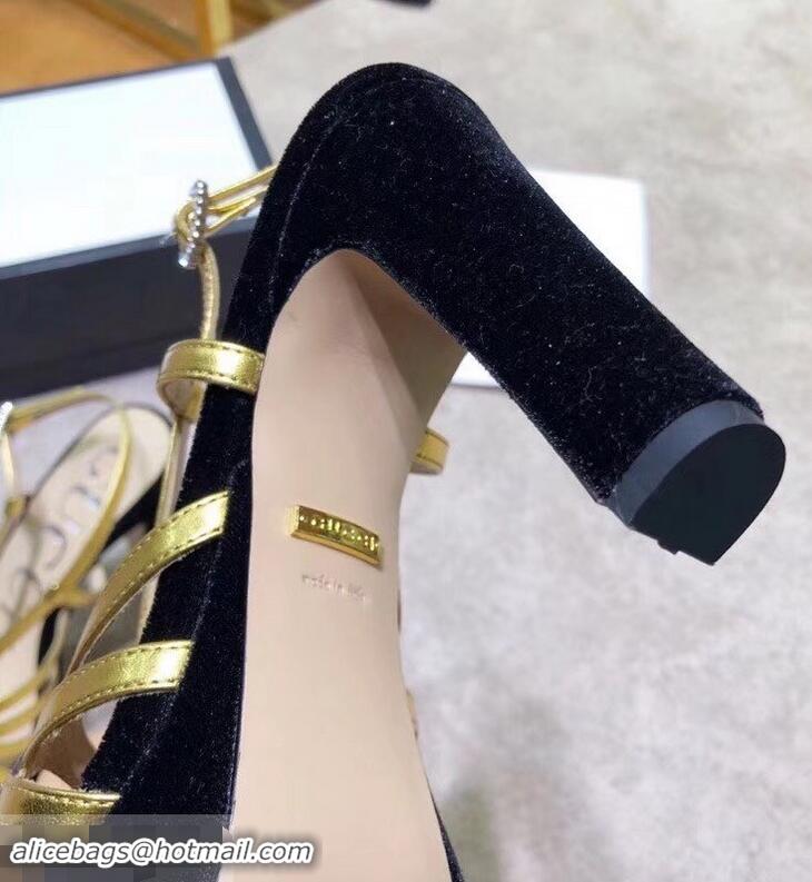 Cheap Gucci Heel 10.5cm Platform 2.5cm Cut-out Bow Leather Sandals 549646 Velvet Black/Gold 2019