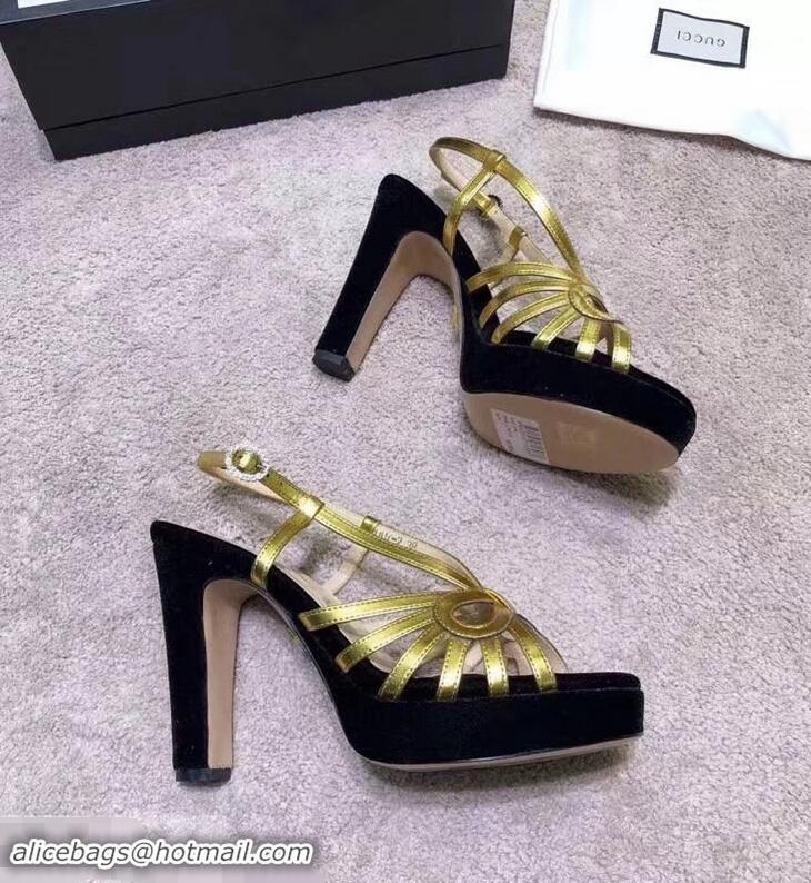 Cheap Gucci Heel 10.5cm Platform 2.5cm Cut-out Bow Leather Sandals 549646 Velvet Black/Gold 2019