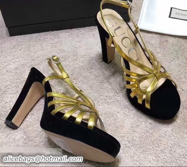 Cheap Gucci Heel 10.5cm Platform 2.5cm Cut-out Bow Leather Sandals 549646 Velvet Black/Gold 2019