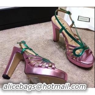 Discount Gucci Heel 10.5cm Platform 2.5cm Cut-out Bow Leather Sandals 549646 Pink/Green 2019