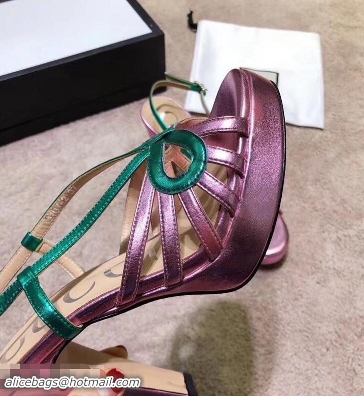 Discount Gucci Heel 10.5cm Platform 2.5cm Cut-out Bow Leather Sandals 549646 Pink/Green 2019